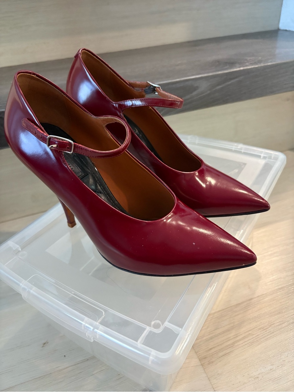 Celine Women’s Burgundy Patent Mary Jane Pointed-Toe Heels